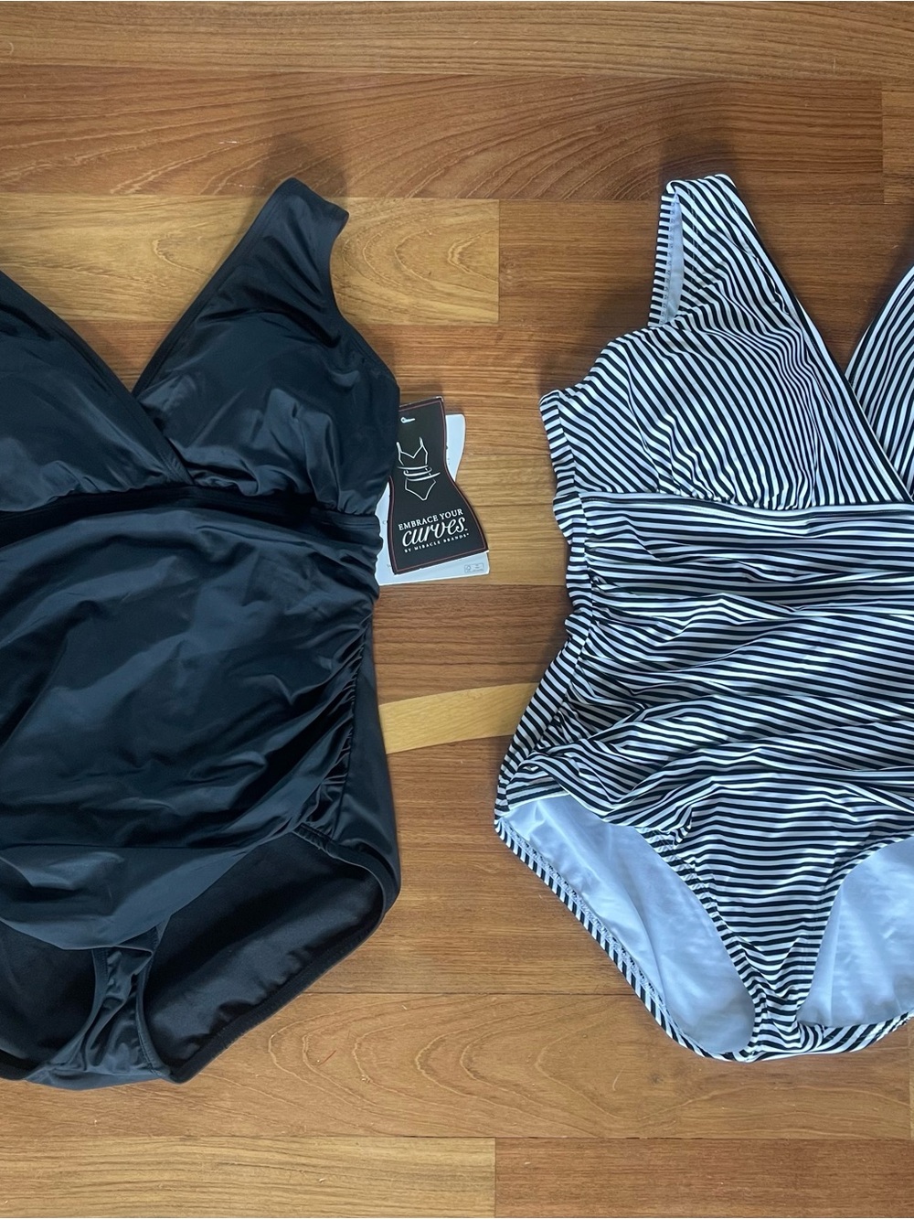 Womens One-Piece Swimsuit in Black and Navy/White Stripe